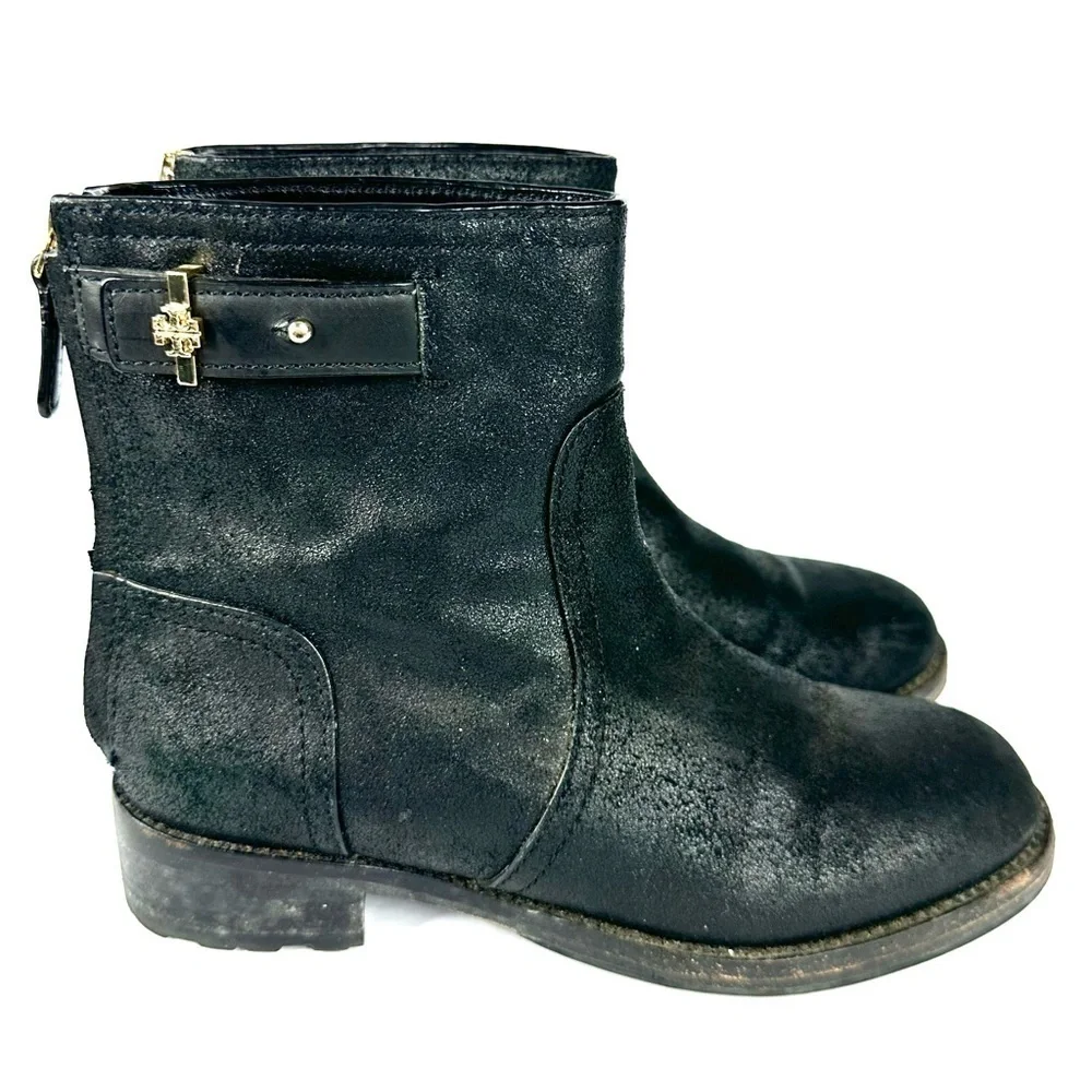 Tory Burch leather Selena biker moto boots ankle distressed black 7.5 strap zip